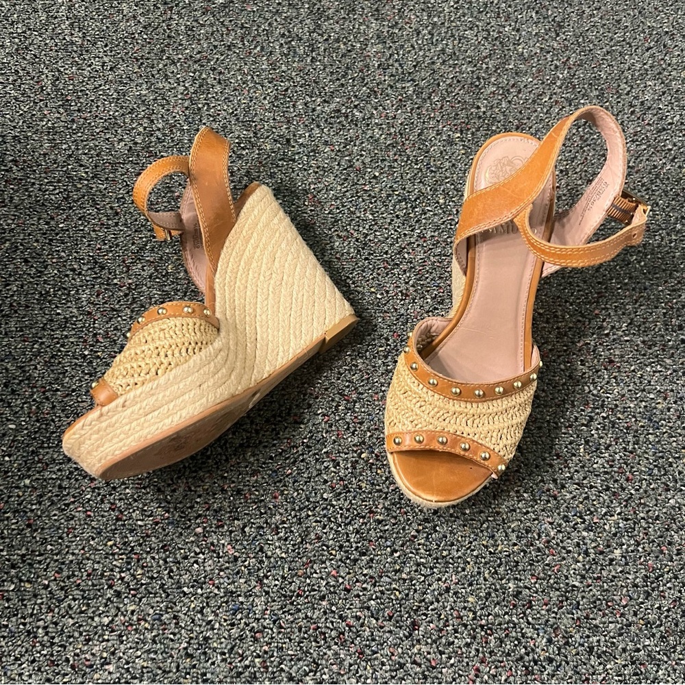 VINCE CAMUTO Neutral Brown & Cream Straw Open-Toe Stud Espadrilles Wedges Shoes - Picture 8 of 16